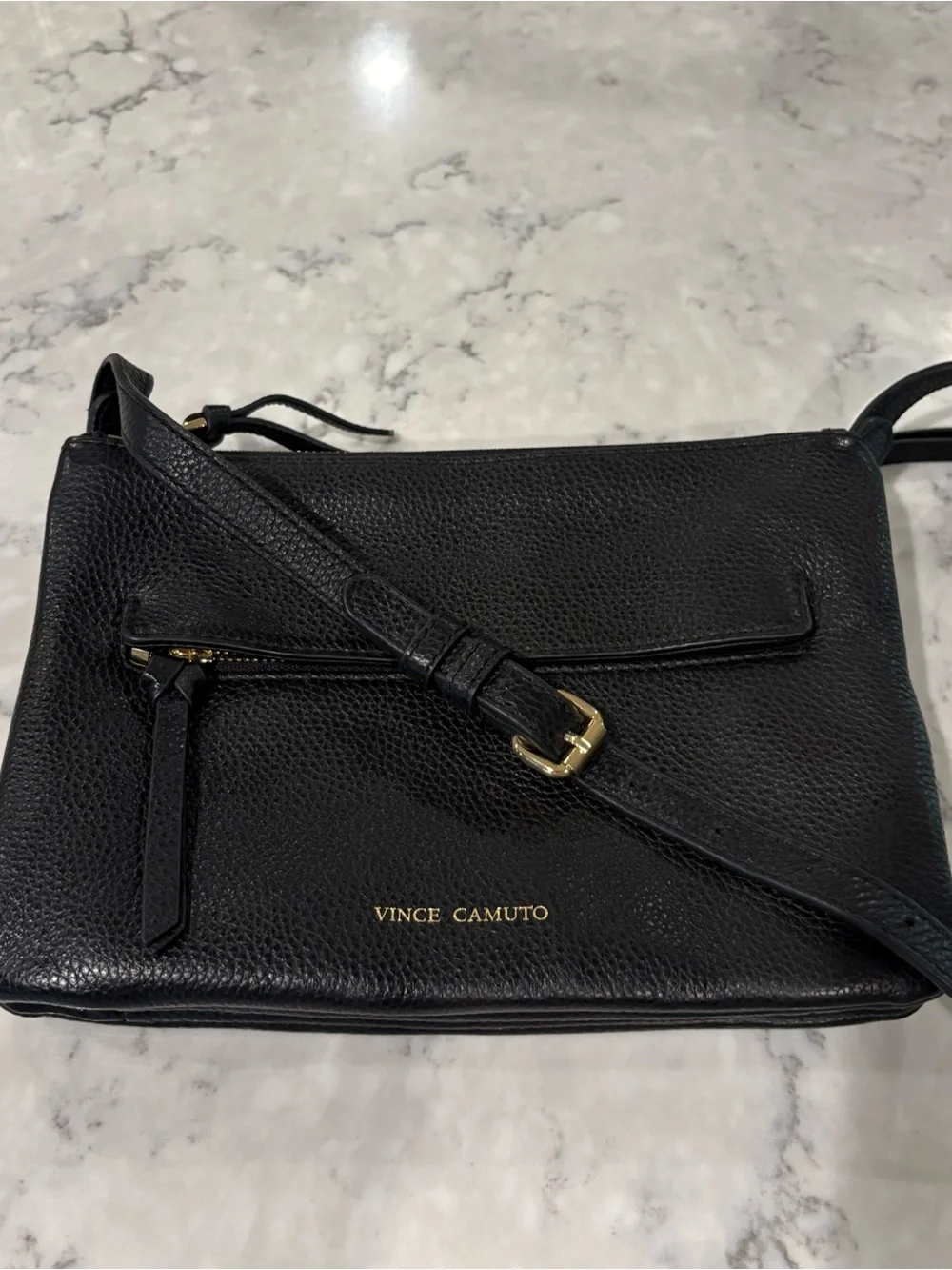 Vince Camuto Black Pebbled Leather Crossbody with Gold‎ Logo